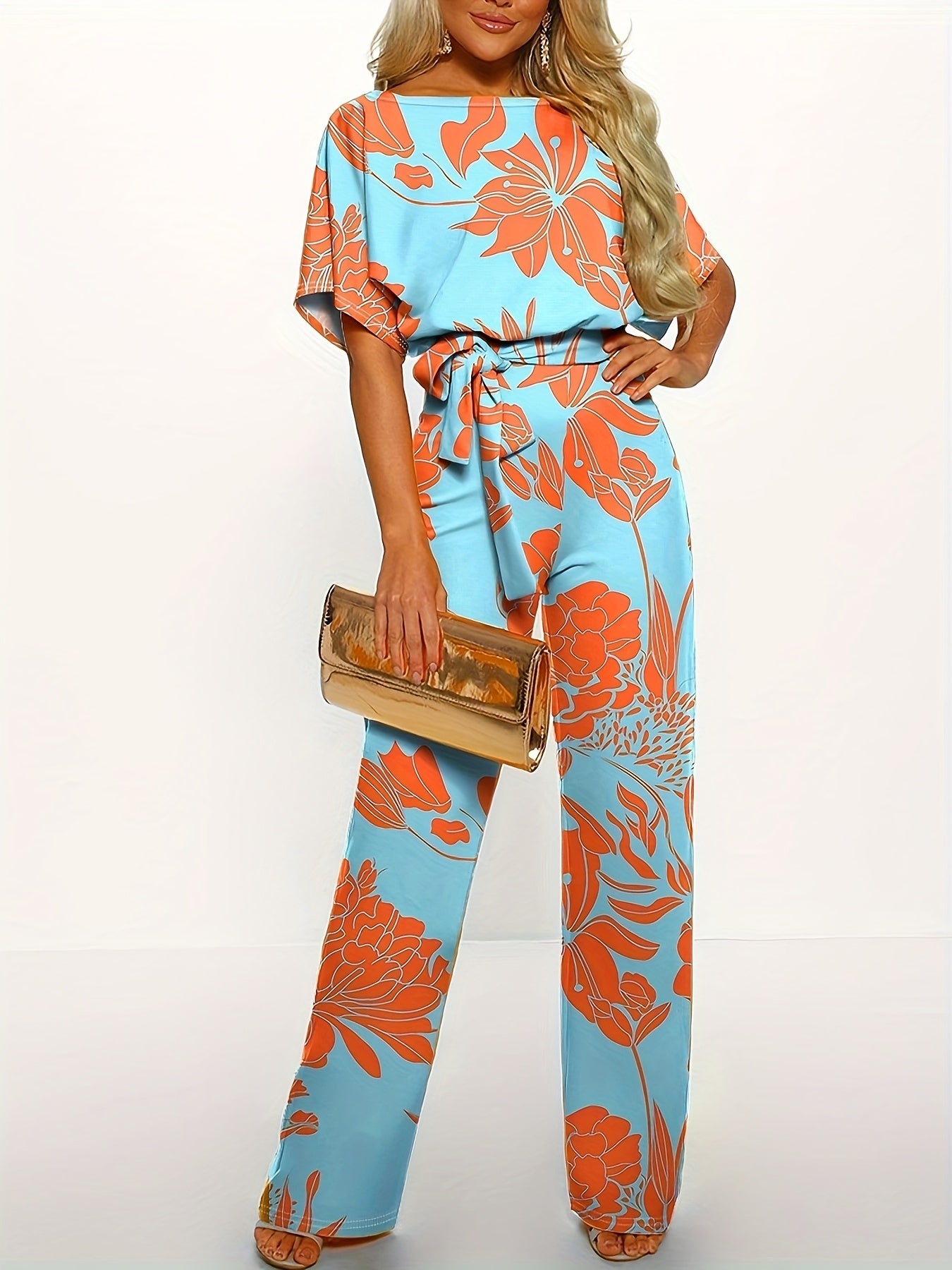 Boho Floral Print Jumpsuit with Tie Waist