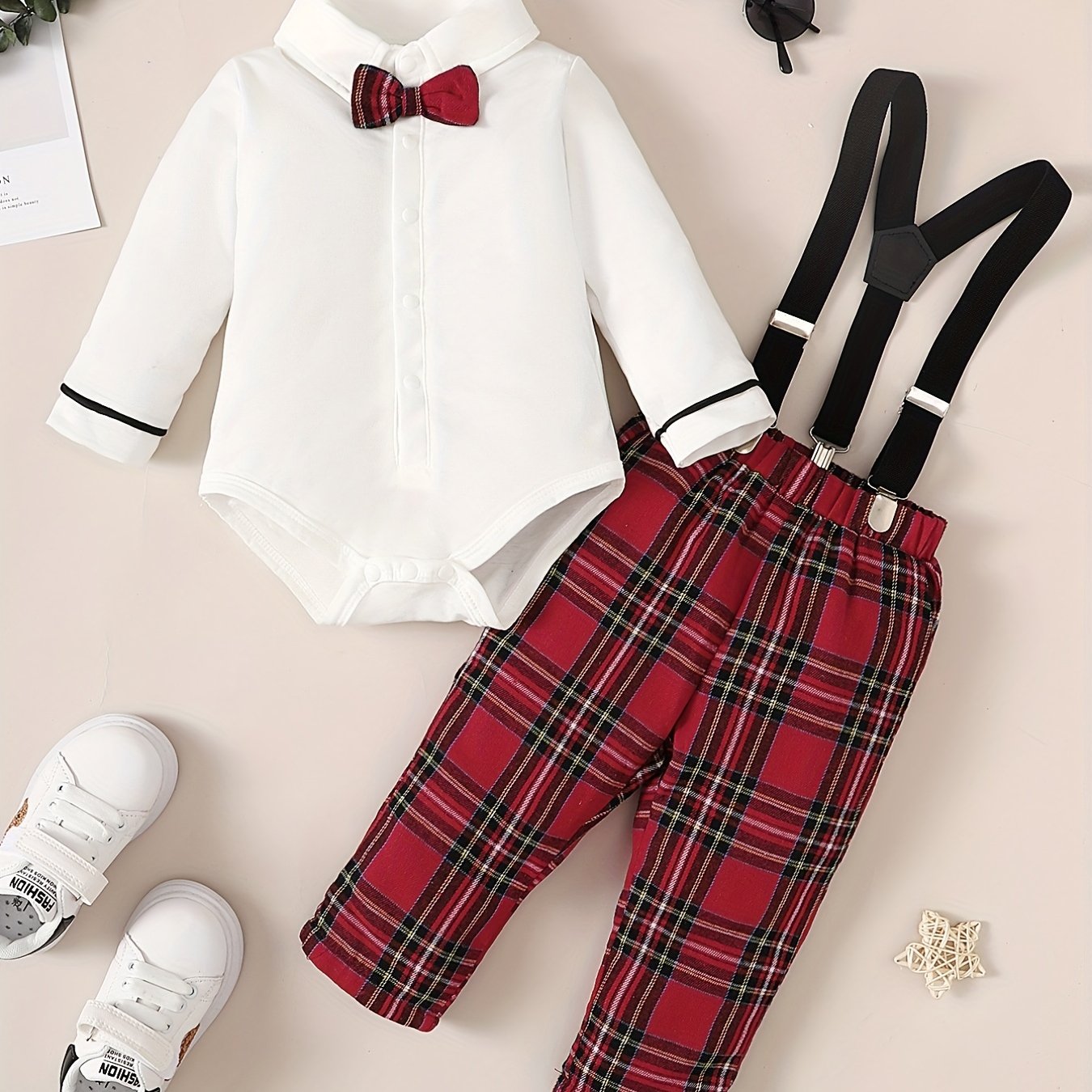 Baby Girls 2pcs Casual Shirt With Bow Plaid Bib Pants Set
