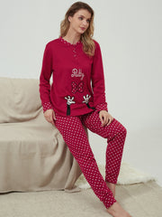 Heart Pattern Pajamas Long Sleeve Top & Pants Women's Loungewear