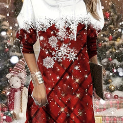 Colorblock Plaid & Snowflake Print Drawstring Dress