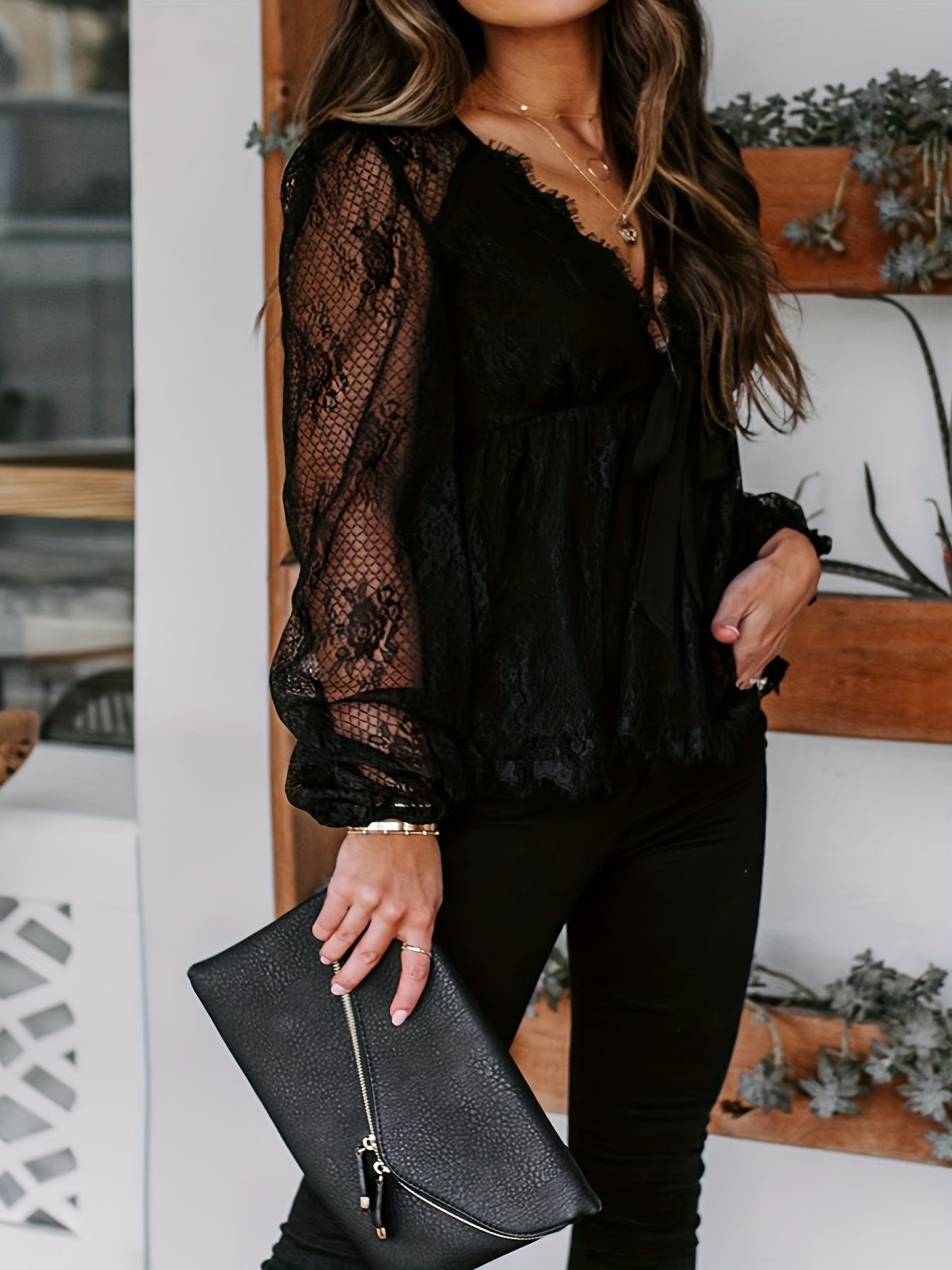 Floral Lace Long Sleeve V Neck Semi Sheer Blouse