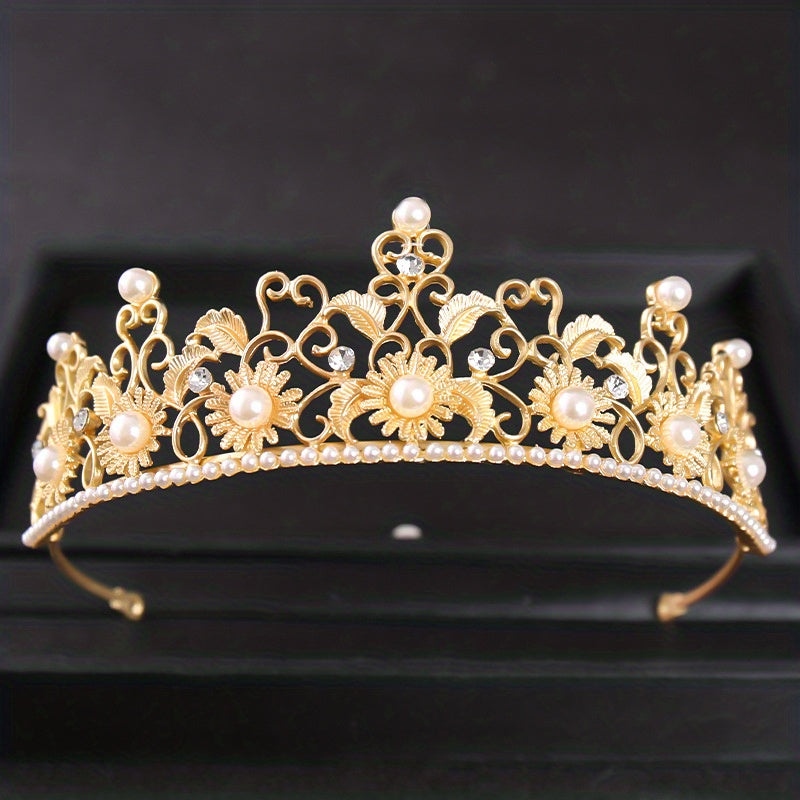 Vintage Baroque Sunflower Crown Tiara Bridal Faux Pearl Hair Accessories