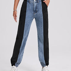 Colorblock High Waist Straight Jeans Flap Pockets Loose Fit