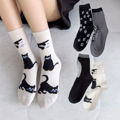 4 Pairs Cat & Owl Print Socks Cute & Comfy Women's Stockings