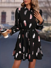 Feather Print Keyhole Dress Long Sleeve Women's Clothing