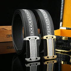 Men's Pearl Fish Pattern Cowhide Belt with Diamond Buckle