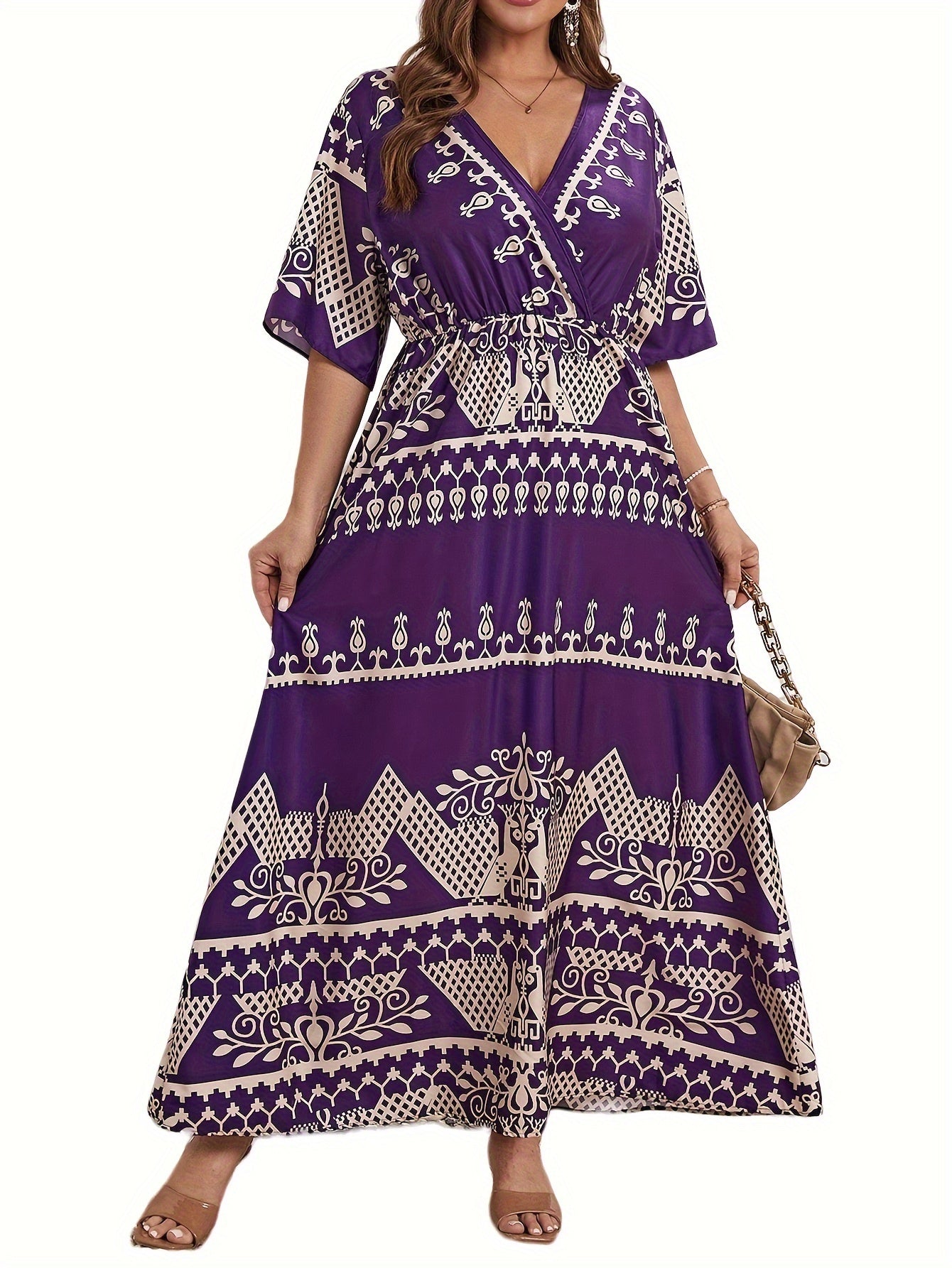 Boho Dress Women's Plus Floral Print Surplice Neck Maxi Dress