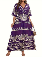Boho Dress Women's Plus Floral Print Surplice Neck Maxi Dress