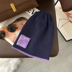 Stylish Label Patch Beanie Warm Skull Cap Elastic Block Knit Hat Soft