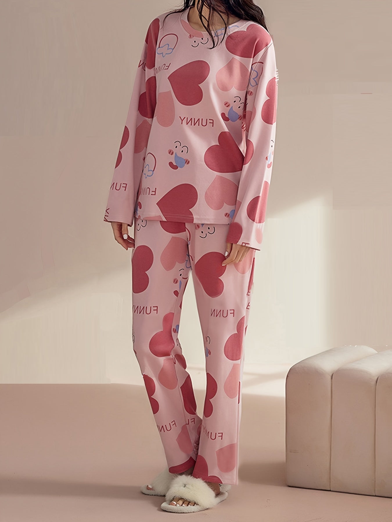 Heart Print Pajama Set Long Sleeve Crew Neck Top & Pants