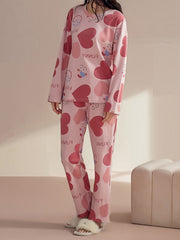 Heart Print Pajama Set Long Sleeve Crew Neck Top & Pants