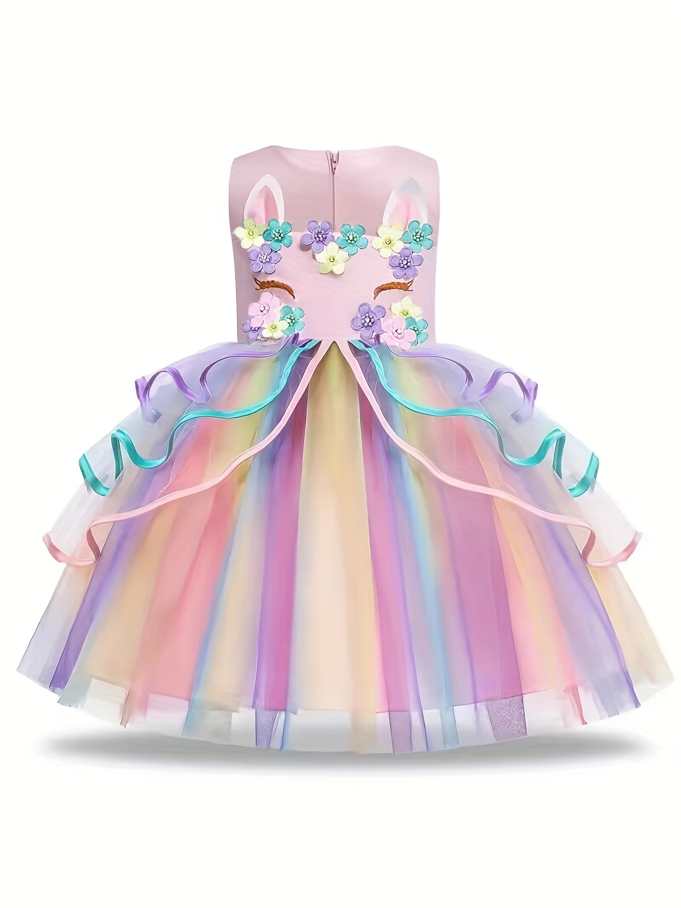 Girls Unicorn Princess Dress Unicorn Floral Print Mesh Princess Dress