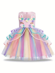 Girls Unicorn Princess Dress Unicorn Floral Print Mesh Princess Dress