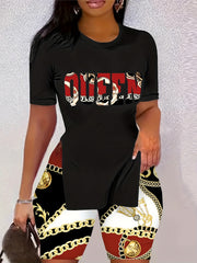 Letter Print 2pc Set Split T-shirt & Biker Shorts Outfits Women's Clothing