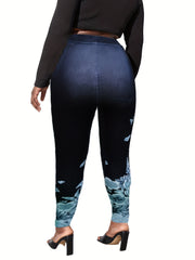 Plus Size Butterfly Floral Print High Rise Skinny Leggings