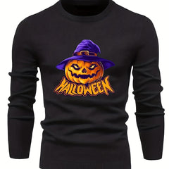 Cartoon Pumpkin Jack O Lantern With Wizard Hat Slim Fit Sweater