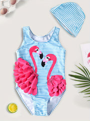 Girl's Flamingo Stripe Swimsuit with Cap