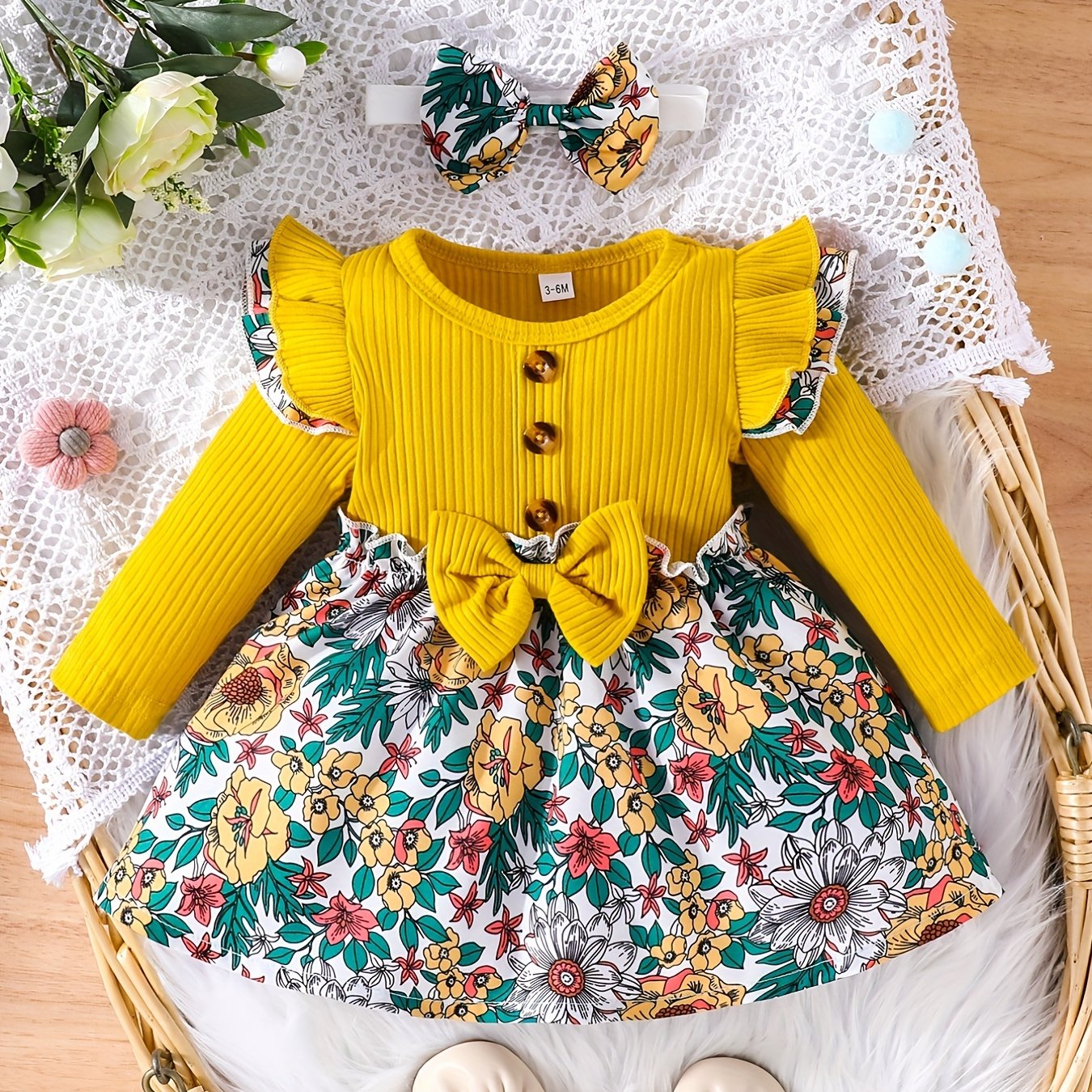 Baby Girl Floral Long Sleeved Dress Bow Puffy Dress