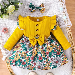 Baby Girl Floral Long Sleeved Dress Bow Puffy Dress