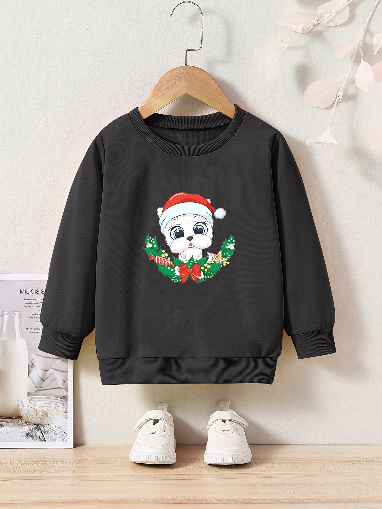 Christmas Cartoon Dog Pattern Crew Neck Long Sleeve Sweatshirt For Girls Kids