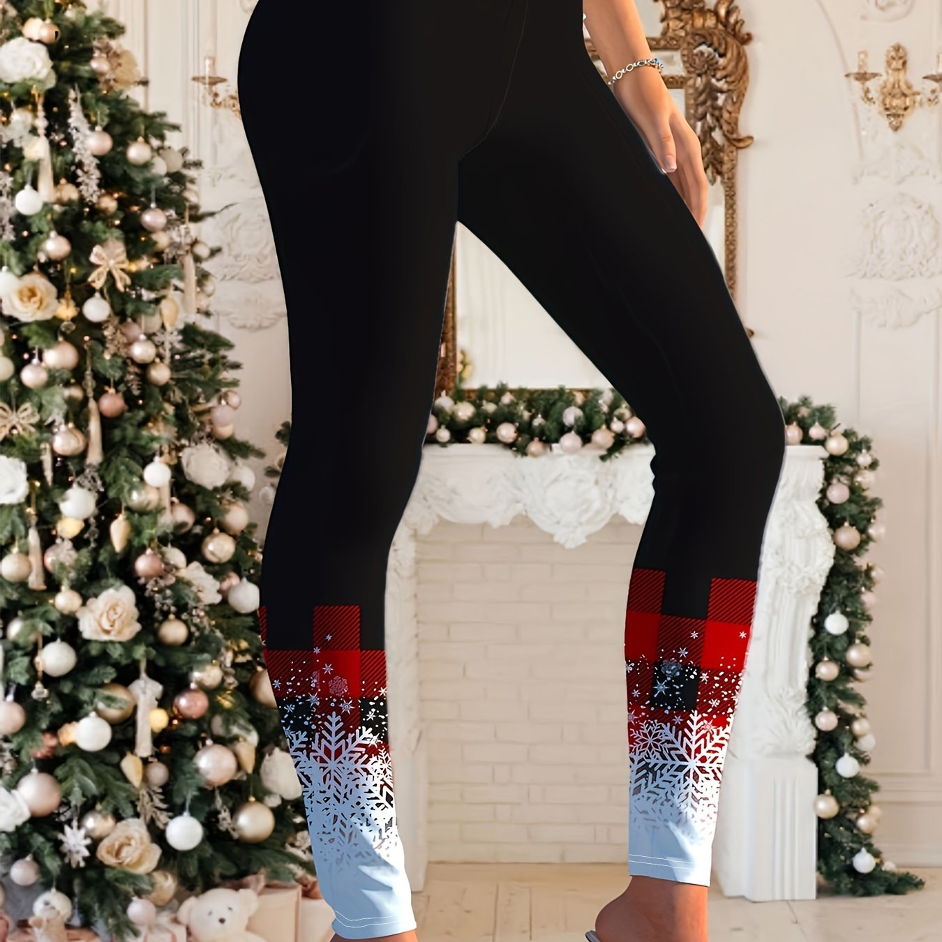 Plaid Snowflake Print Mid Waist Leggings