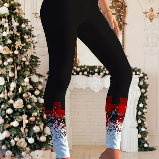 Plaid Snowflake Print Mid Waist Leggings