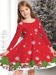 Snowflake Graphic Long Sleeve Dress Girls Comfy Dresses For Christmas