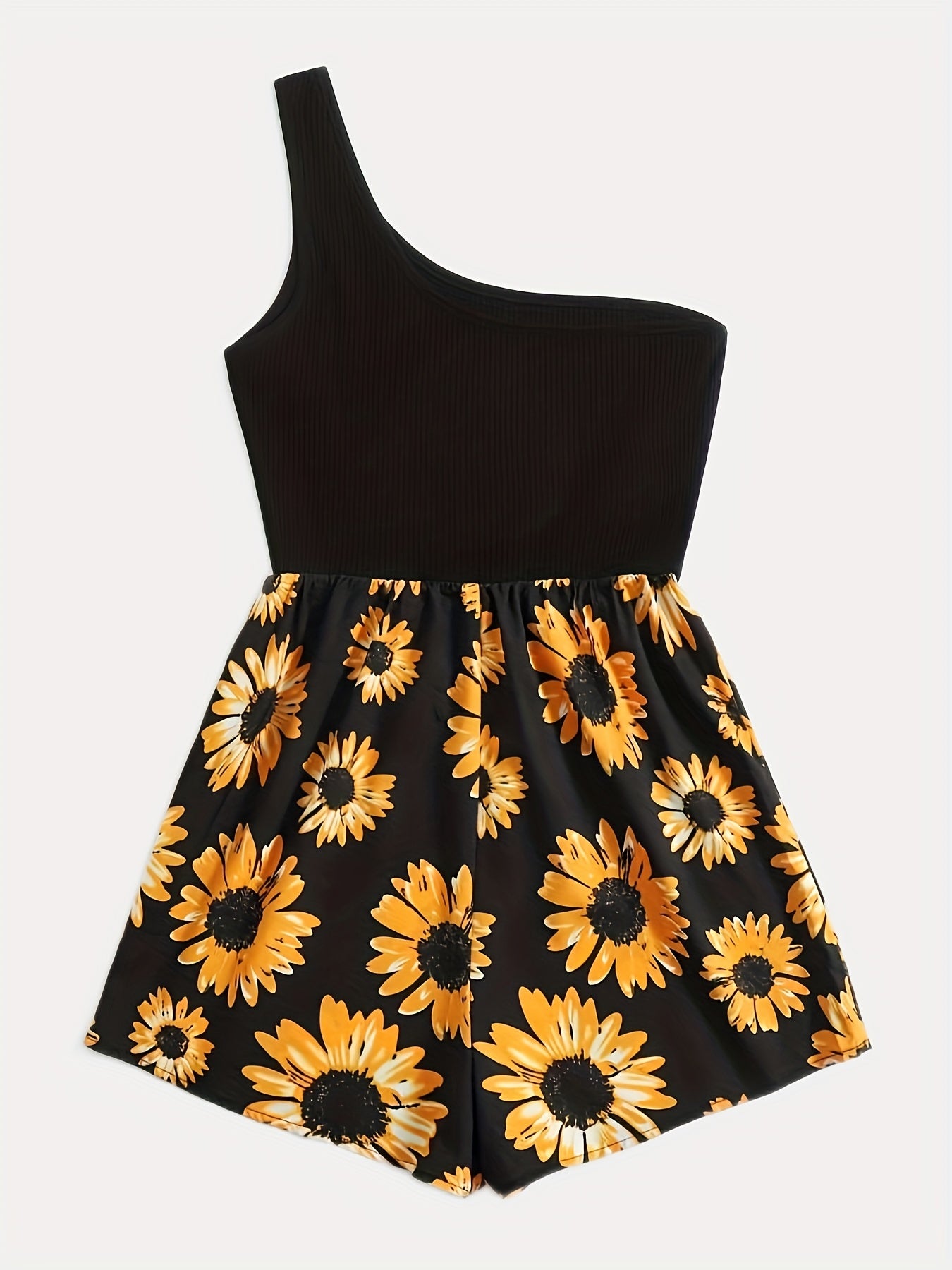 Sunflower Print One Shoulder Romper Jumpsuit