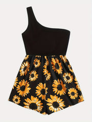 Sunflower Print One Shoulder Romper Jumpsuit