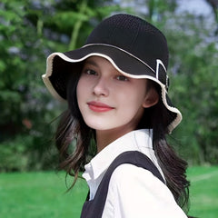 Ruffles Knit Bucket Hat with Bow Hollow Crochet Sun Hat