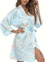 Floral Print V-Neck Night Robe With Belt