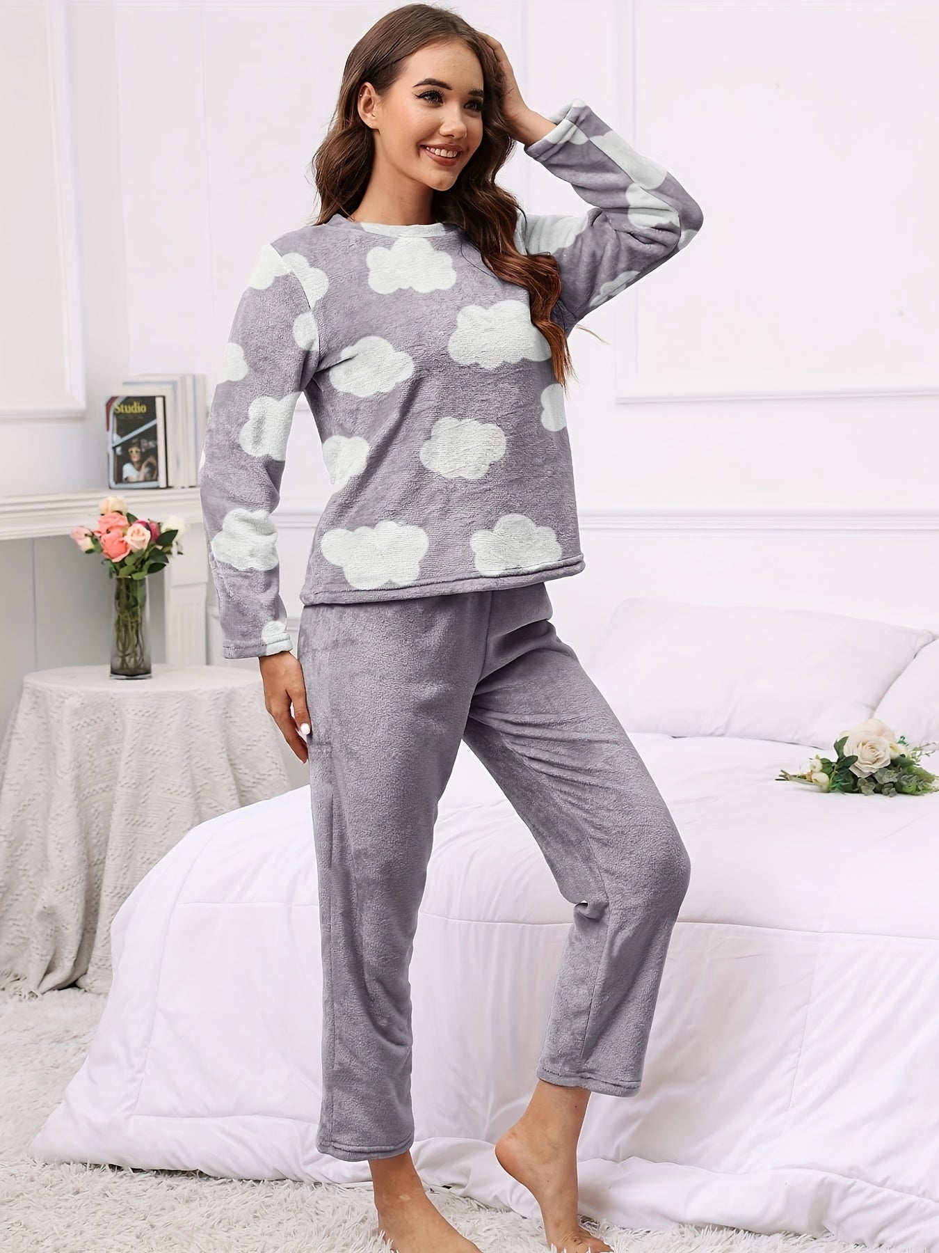 Cloud Print Pajama Set Long Sleeve Top & Flannel Pants