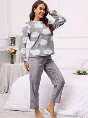 Cloud Print Pajama Set Long Sleeve Top & Flannel Pants
