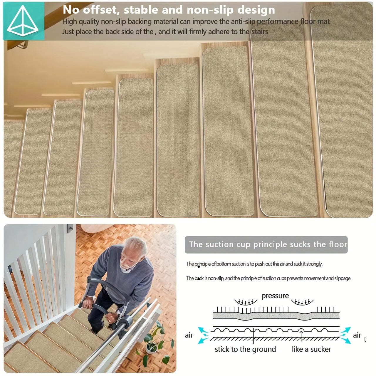 15pcs Beige Non Slip Stair Tread Rugs Soft Machine Washable Stair Carpet Runner
