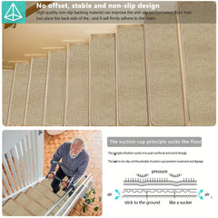 15pcs Beige Non Slip Stair Tread Rugs Soft Machine Washable Stair Carpet Runner