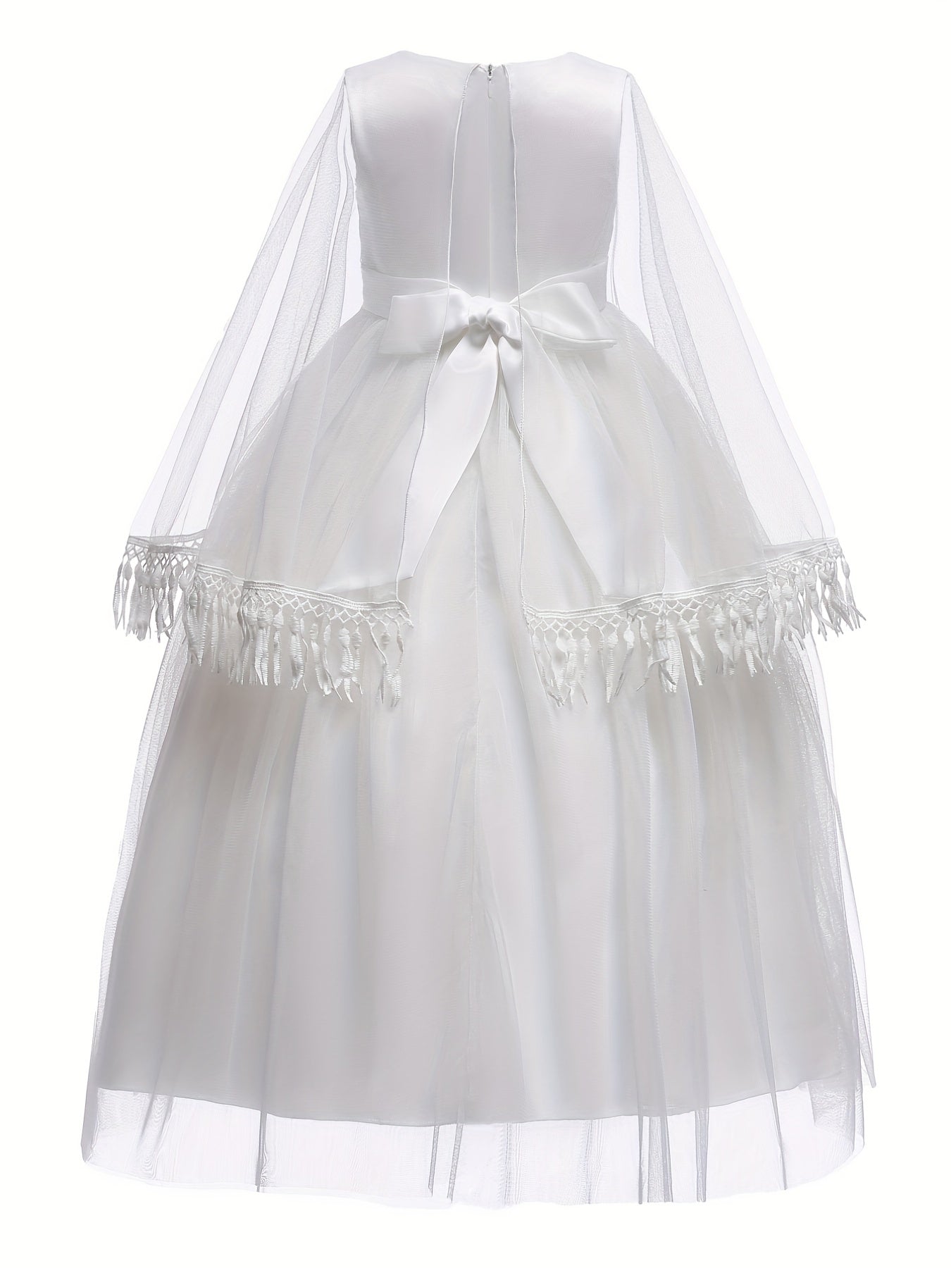 Kids Evening Mesh Tutu Dress With Tassel Lace Fluffy Sleeve Long