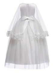 Kids Evening Mesh Tutu Dress With Tassel Lace Fluffy Sleeve Long