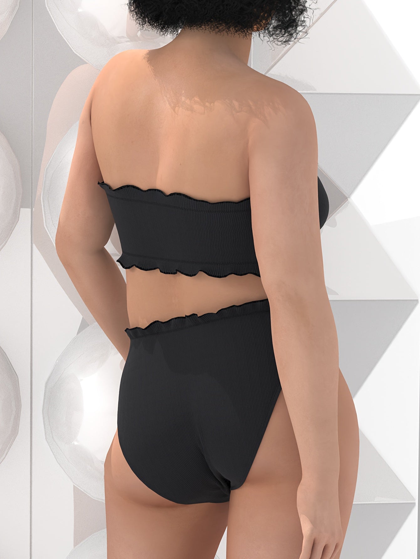 Bikini Set Solid Wave Trim Tube Bra & Panty Swimsuit 2 Piece Set
