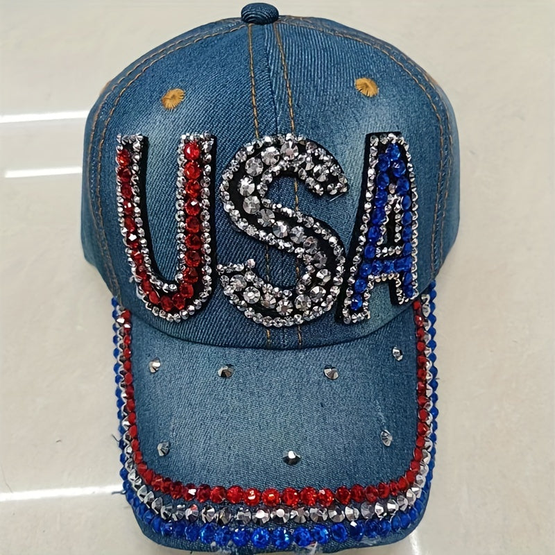 American Patch Baseball Cap with Rhinestone Decor