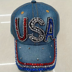 American Patch Baseball Cap with Rhinestone Decor