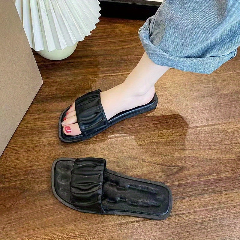 Women's Ruched Band Flat Slides Square Open Toe Sandals