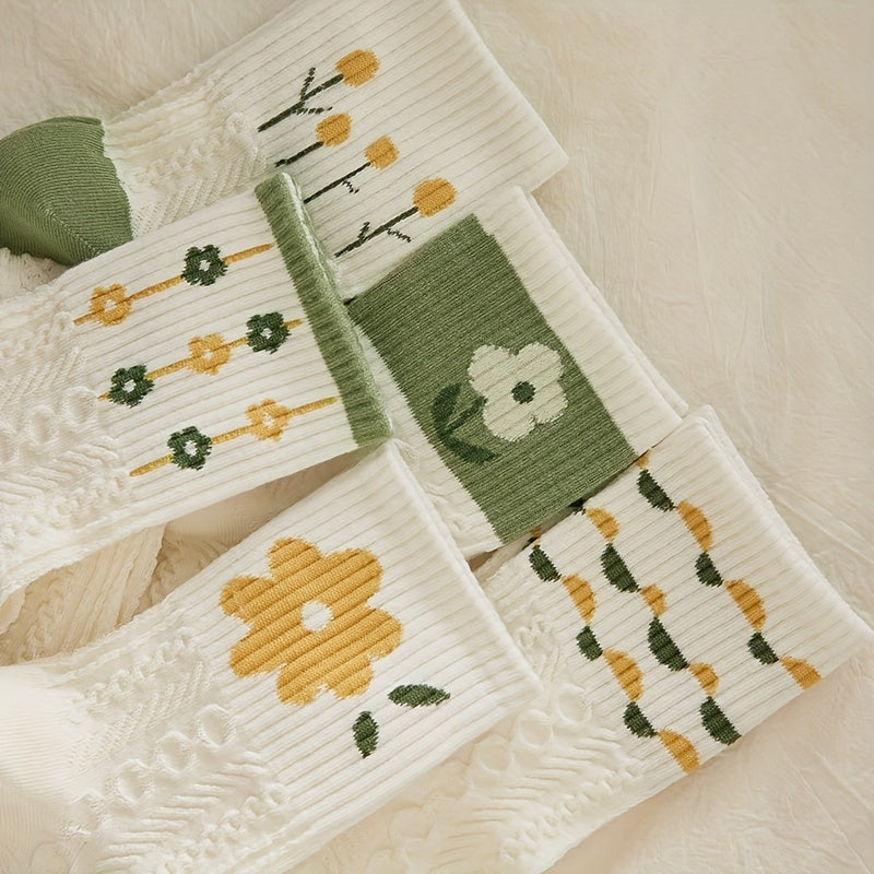 5 Pairs Floral Print Socks Breathable Women's Stockings & Hosiery