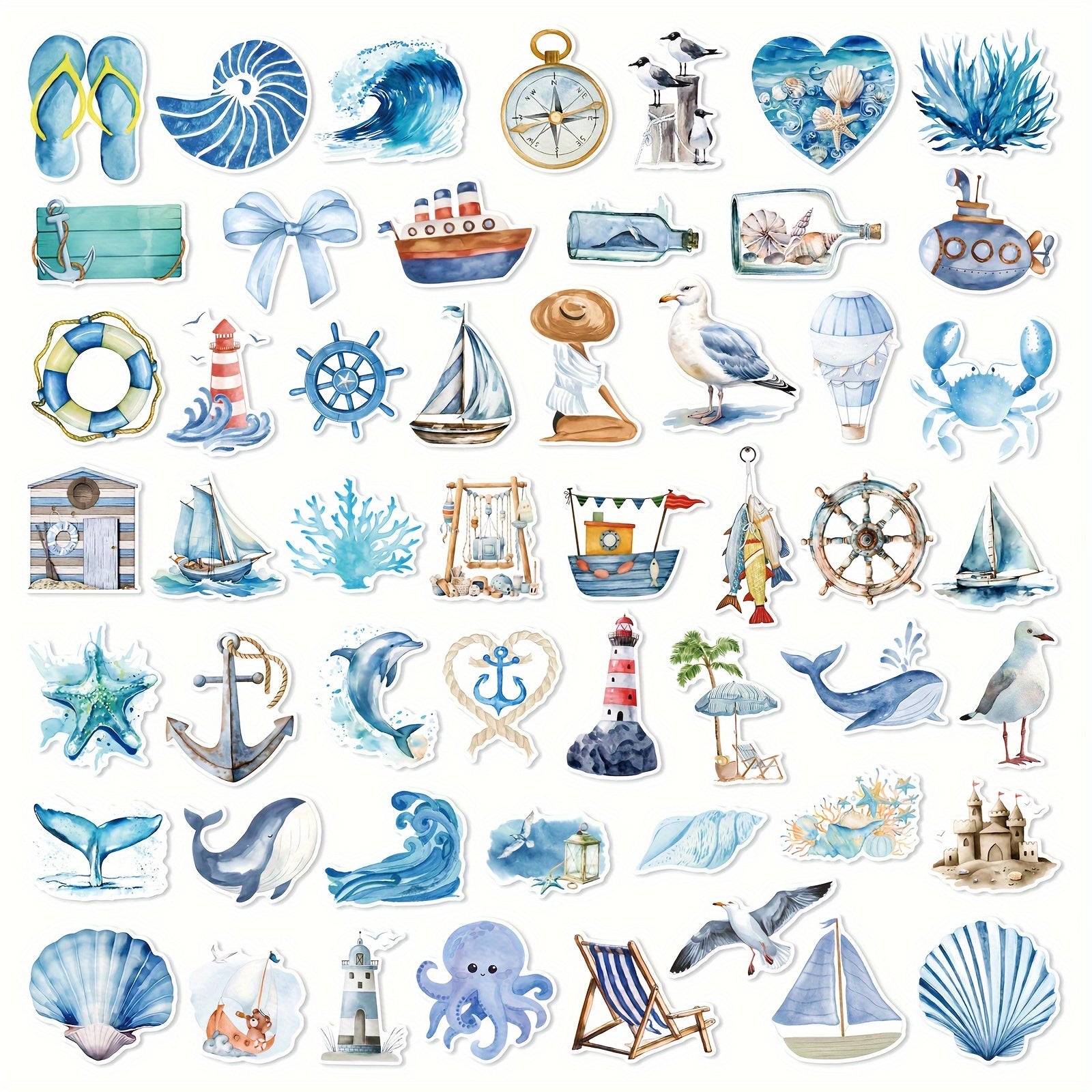 Marine & Sailing Vinyl Stickers Set 50 Pcs for Laptops, Bikes, Water Bottles