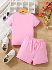 Girls 2 pc Summer Clothes Funny Letter Print Short Sleeve T Shirt Shorts Set