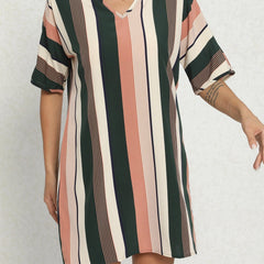 Stripe Print Batwing Sleeve Notched Neck Mini Dress