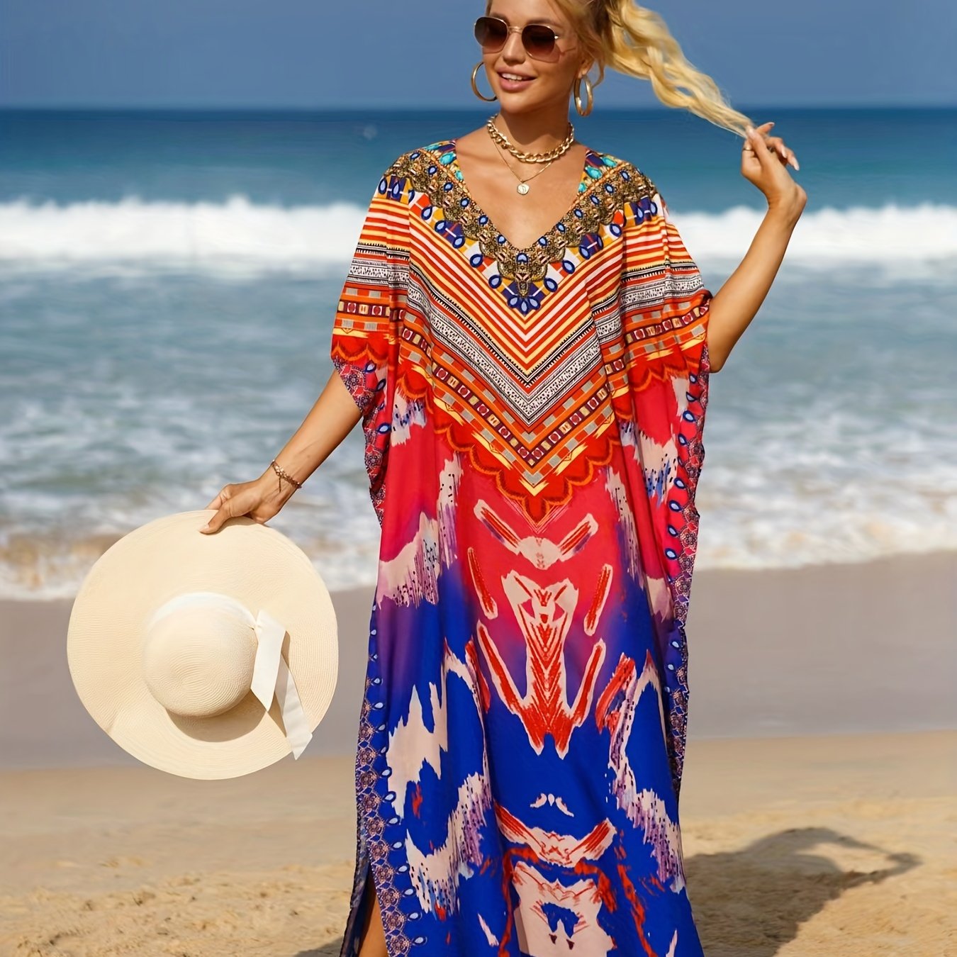 Geometric Print Bat Sleeve V Neck Cover Up Dress