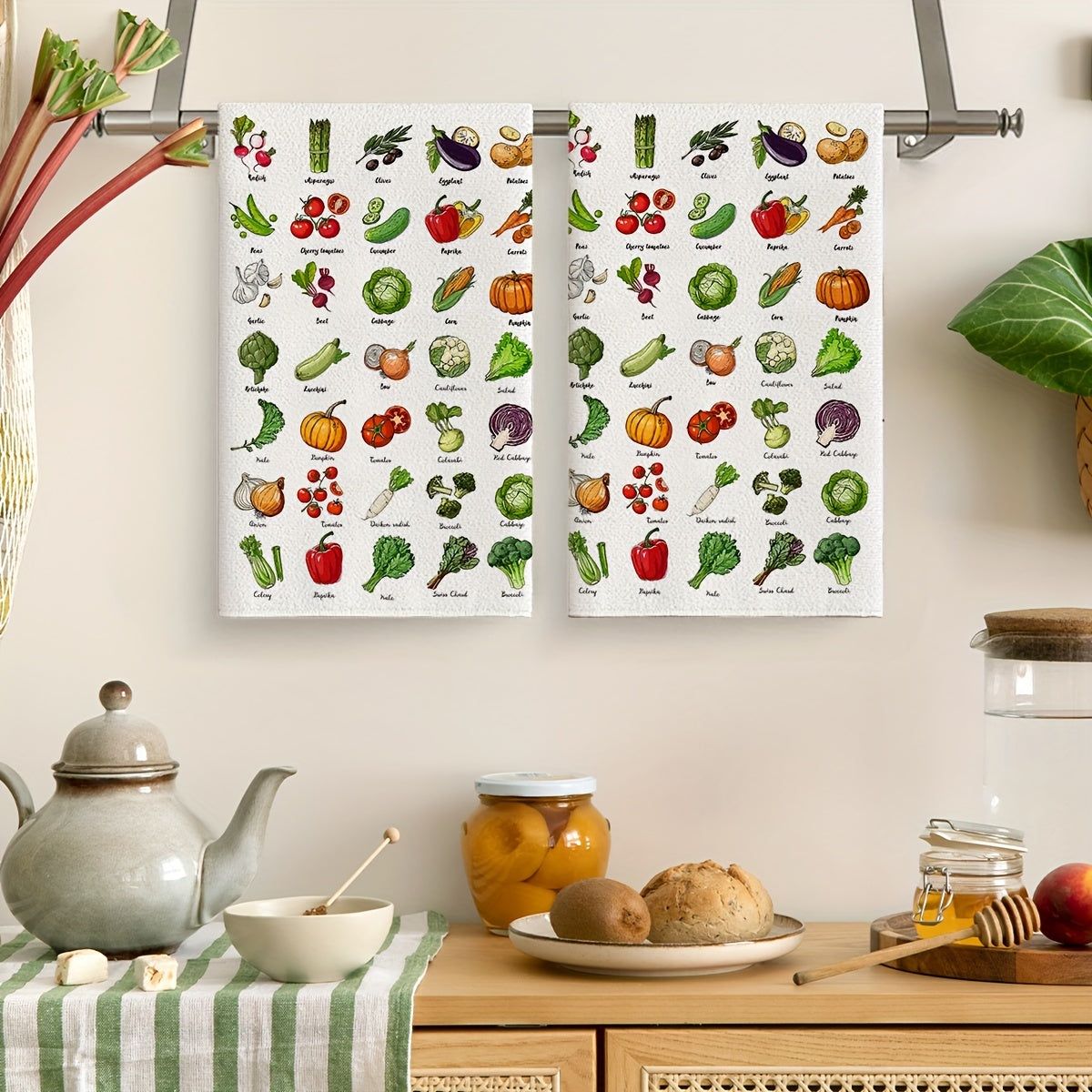 2pcs Veggie Pattern Hand Towels Microfiber Square Dish Cloths