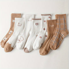 7 Pairs Cartoon Print Socks Cute & Comfortable Women's Mid Tube Stockings