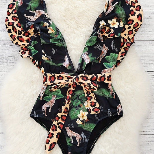 Leopard Print Ruffle Trim Tie Belt One Piece Swimsuit