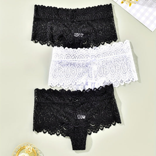3 Pack Plus Size Lace Panties Set Women's Floral Underwear